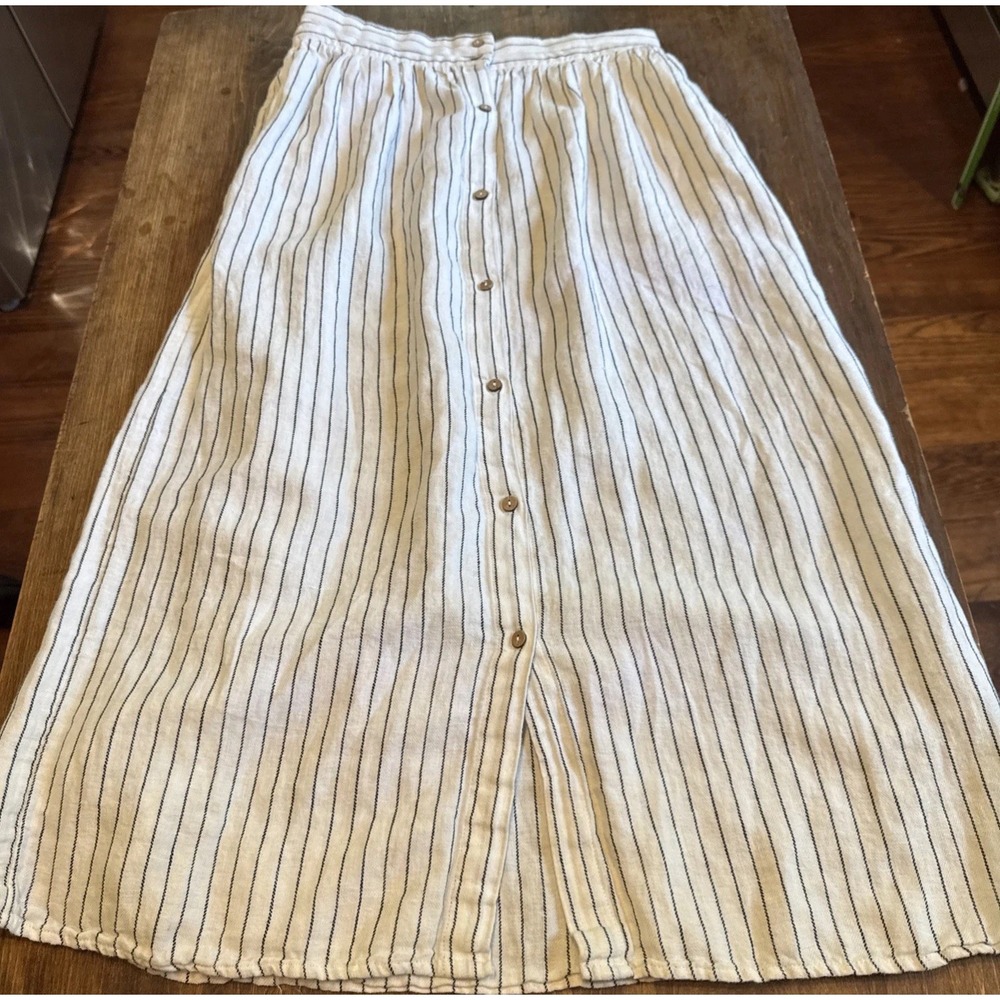 Rachel Zoe White Black Pinstripe Maxi Skirt Button Front S Linen Blend Coastal